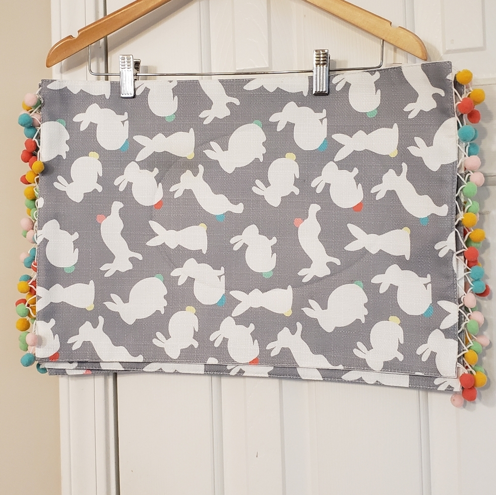 Gray Bunny Print Placemat with Pom Poms